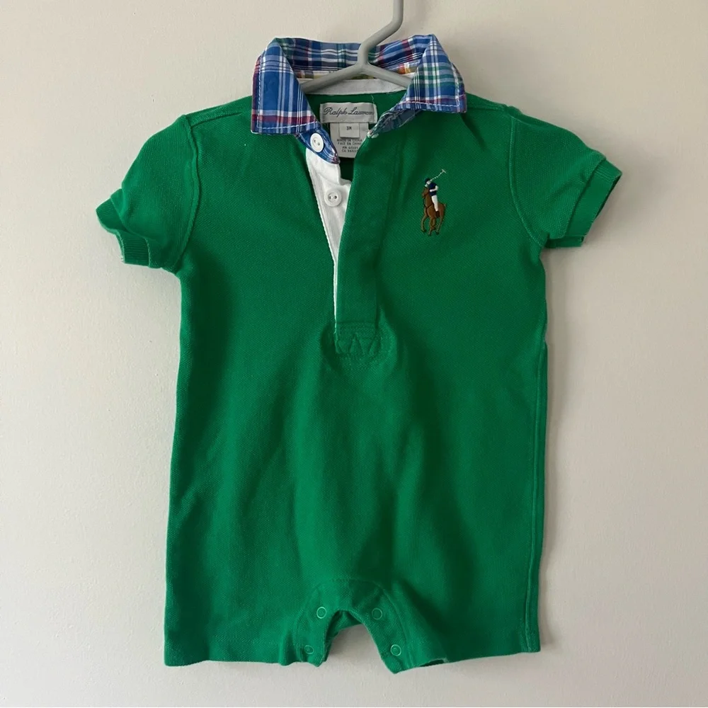 Boys Ralph Lauren Polo Romper 3m Green Plaid Preppy Pony Logo One Piece